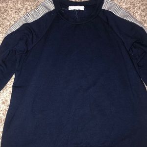 long sleeved dark blue shirt